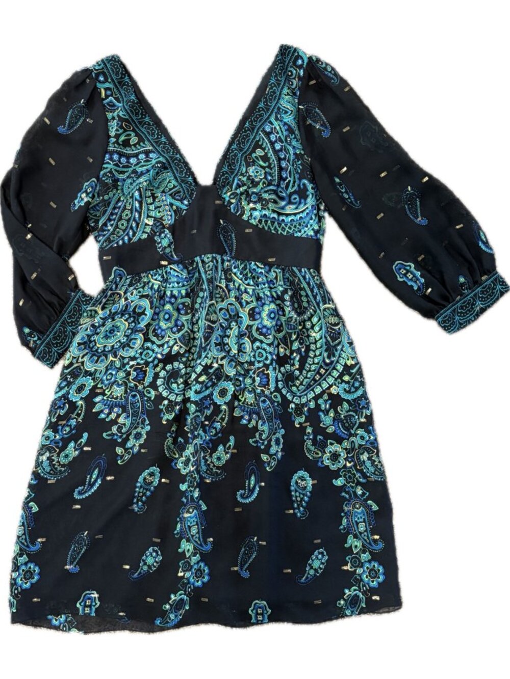 Tibi NY 6 Silk Teal Peacock Dress Sheer Puff Sleeves V Neck Black Gold Trim Mini